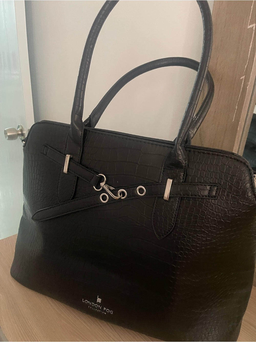 London Fog Black Croc-Embossed Top-Handle Tote